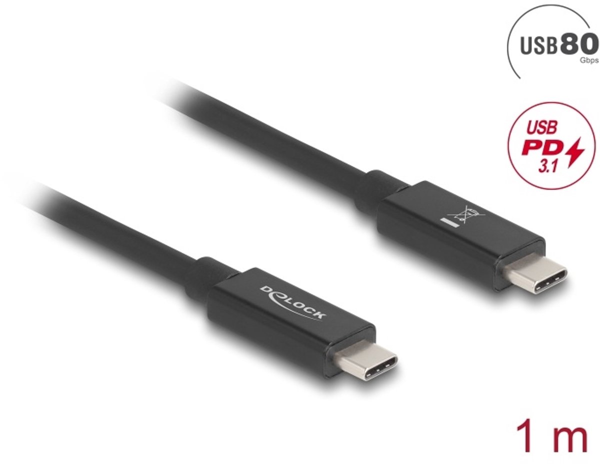 Image of Delock USB 80 Gbps Cable USB Type-C™ male to male PD 3.1 240 W E-Marker coaxial 1 m black