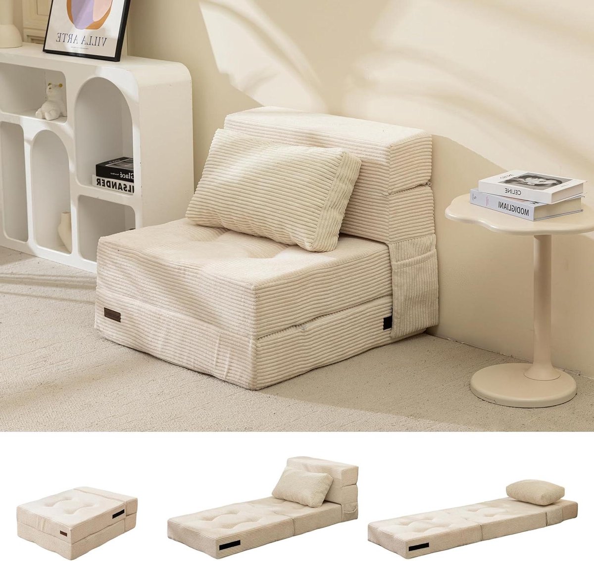 Opvouwbare Slaapbank - Drievoudig Matras - Compact Logeren - 3-in-1 Functie - 70 x 190 cm - Off-white