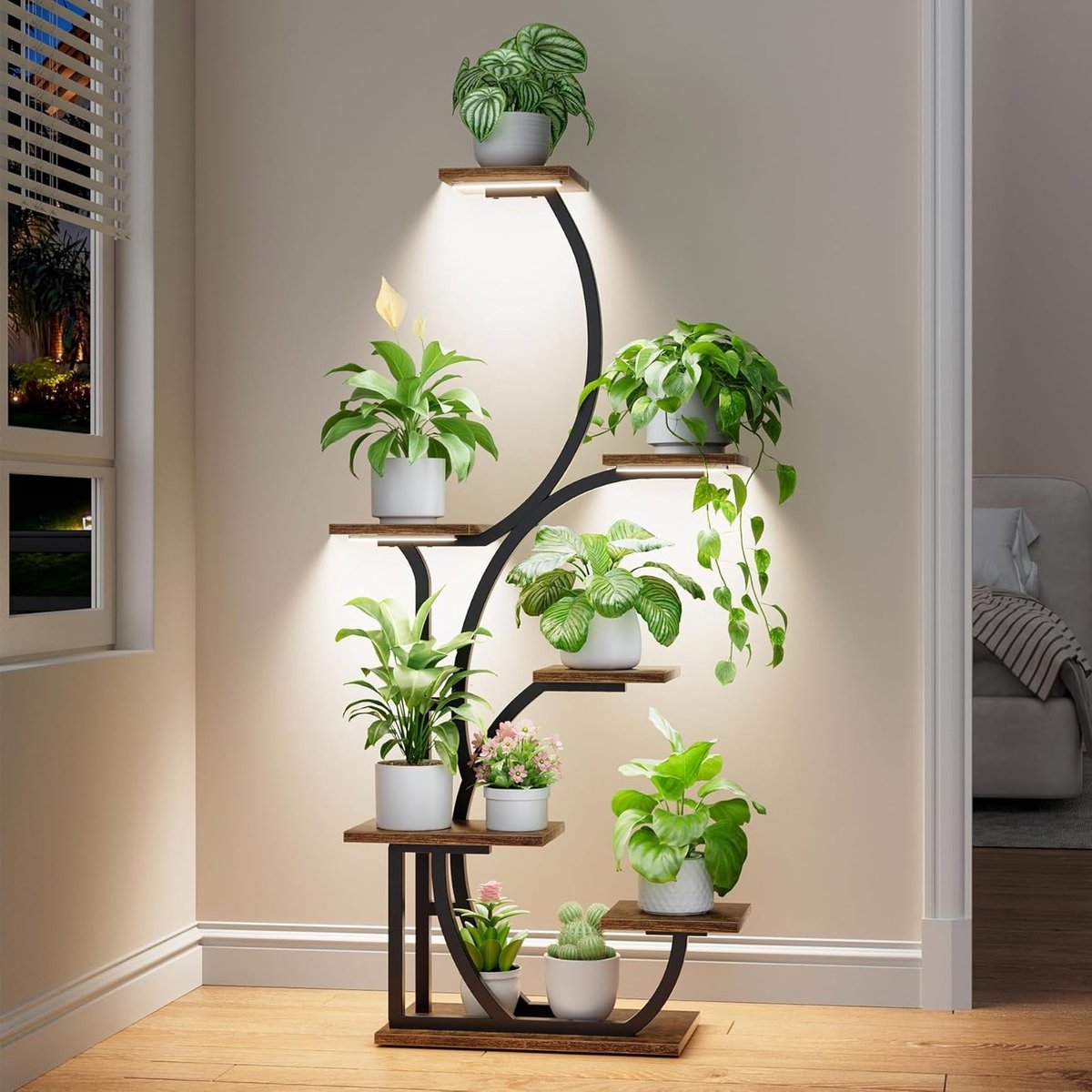 Verlichte Plantenstandaard voor Binnen - 57 Inch, 7 Laags Hoekplantenrek met Groeilampen, Ideaal voor Bloemdisplay en Plantenverzorging
