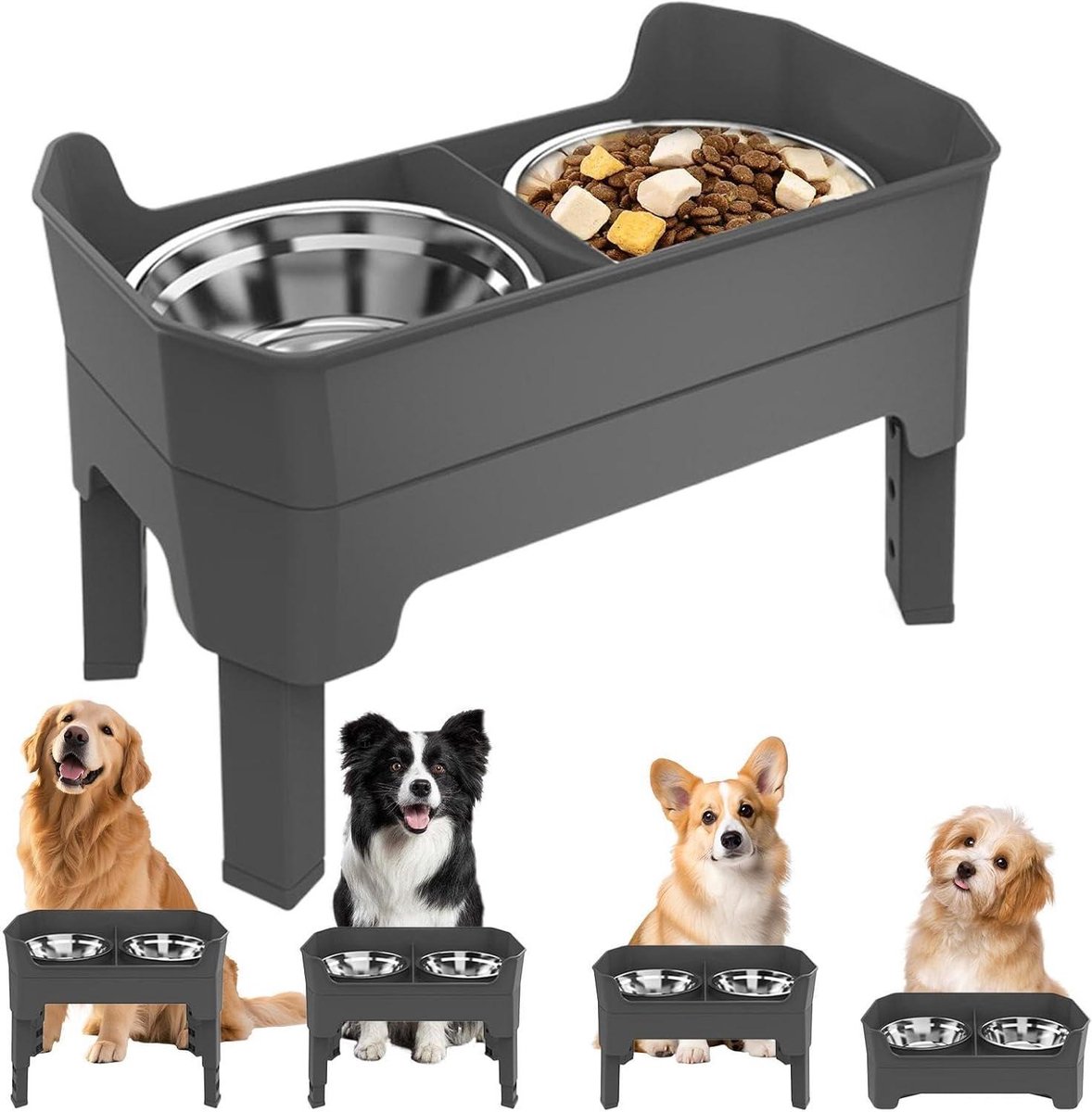 Verhoogde Honden Voederbak - Dubbele Voerstandaard - Ergonomisch Eten - 4-voudig Verstelbaar - 445 x 27 x 165 cm - Zwart