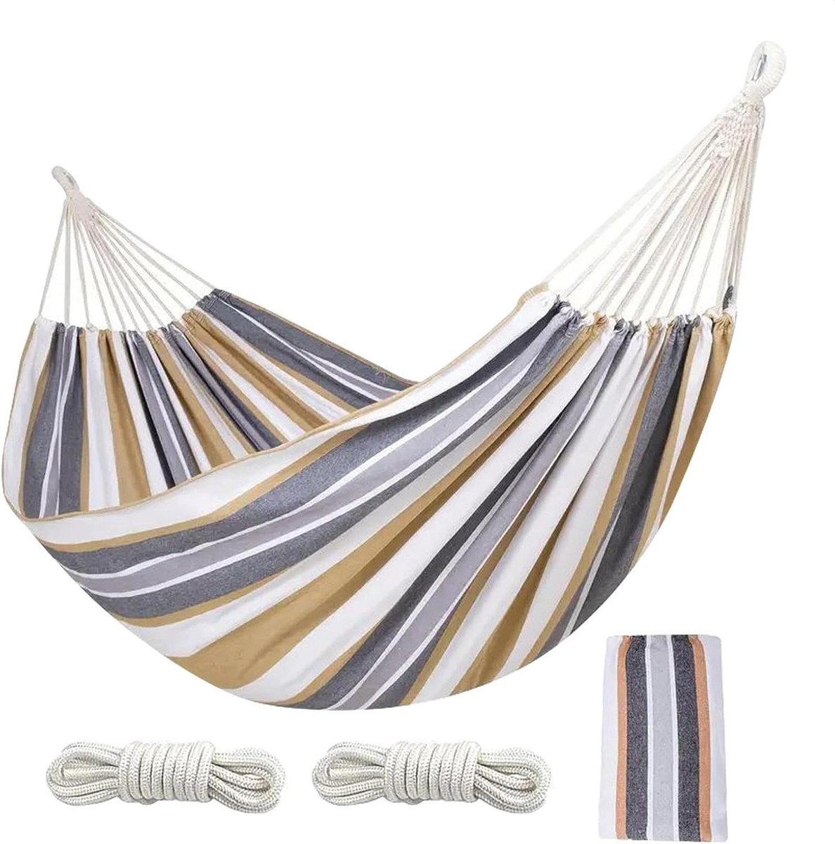 Buitenhangmat - Strandhangmat Dubbel - Ontspannen in de tuin - Versterkt polyester katoen - 260 x 150 cm - Gestreepte Koffie