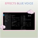Scherm met Blue VO!CE instellingen, met witte microfoon en decoratieve wolken. Tekst: EFFECTS BLUE VO!CE.