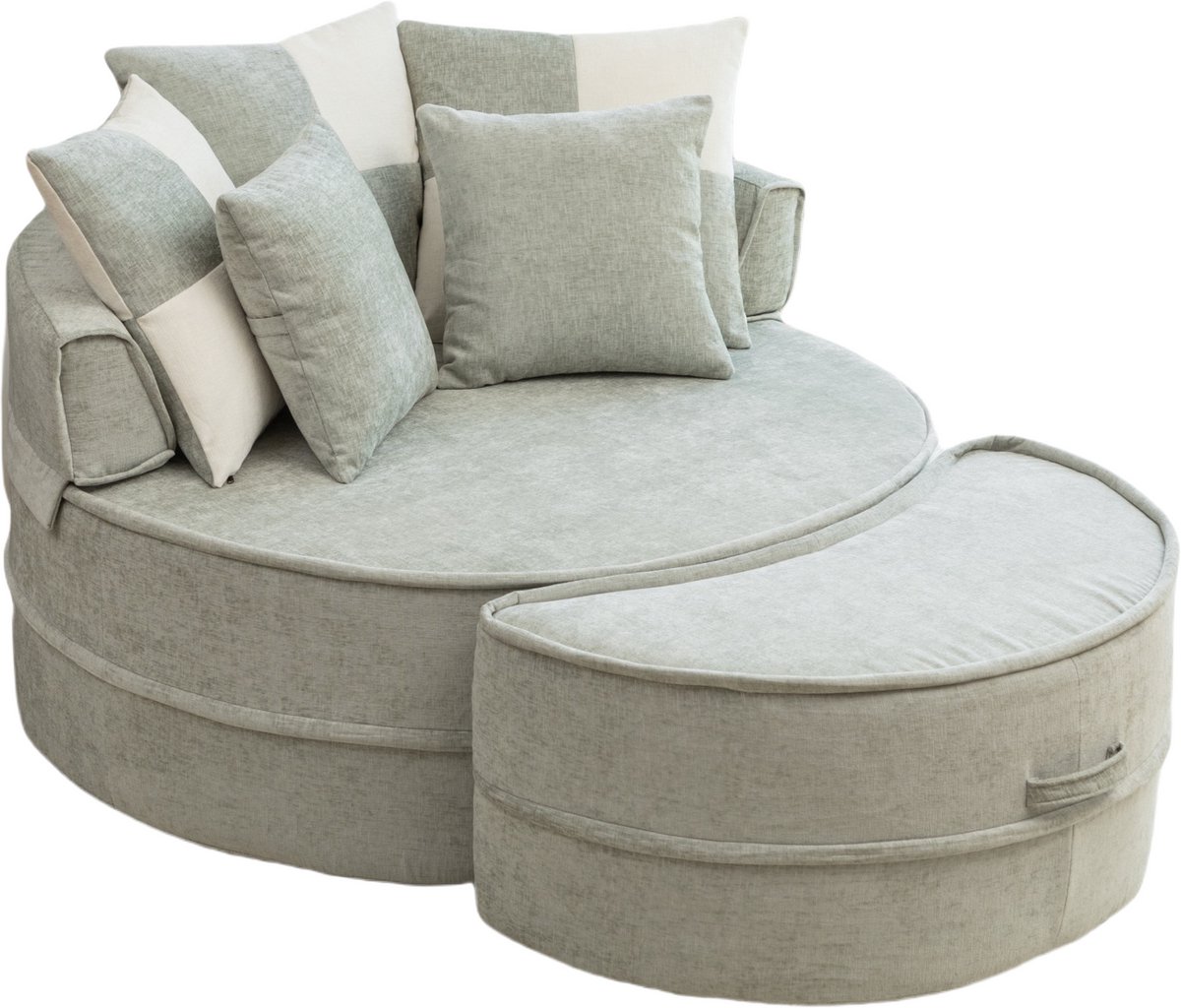 Merax Ronde Loungefauteuil Mintgroen - 1-Zits Chenille Loveseat met Hocker - Inclusief 5 Kussens - Zachte Foamvulling - Geen Montage Nodig