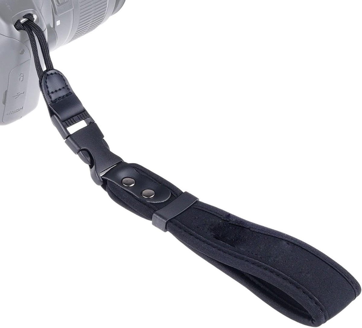 Duurzame camera strap in zwart, ideaal voor fotografen, verstelbaar en comfortabel in gebruik