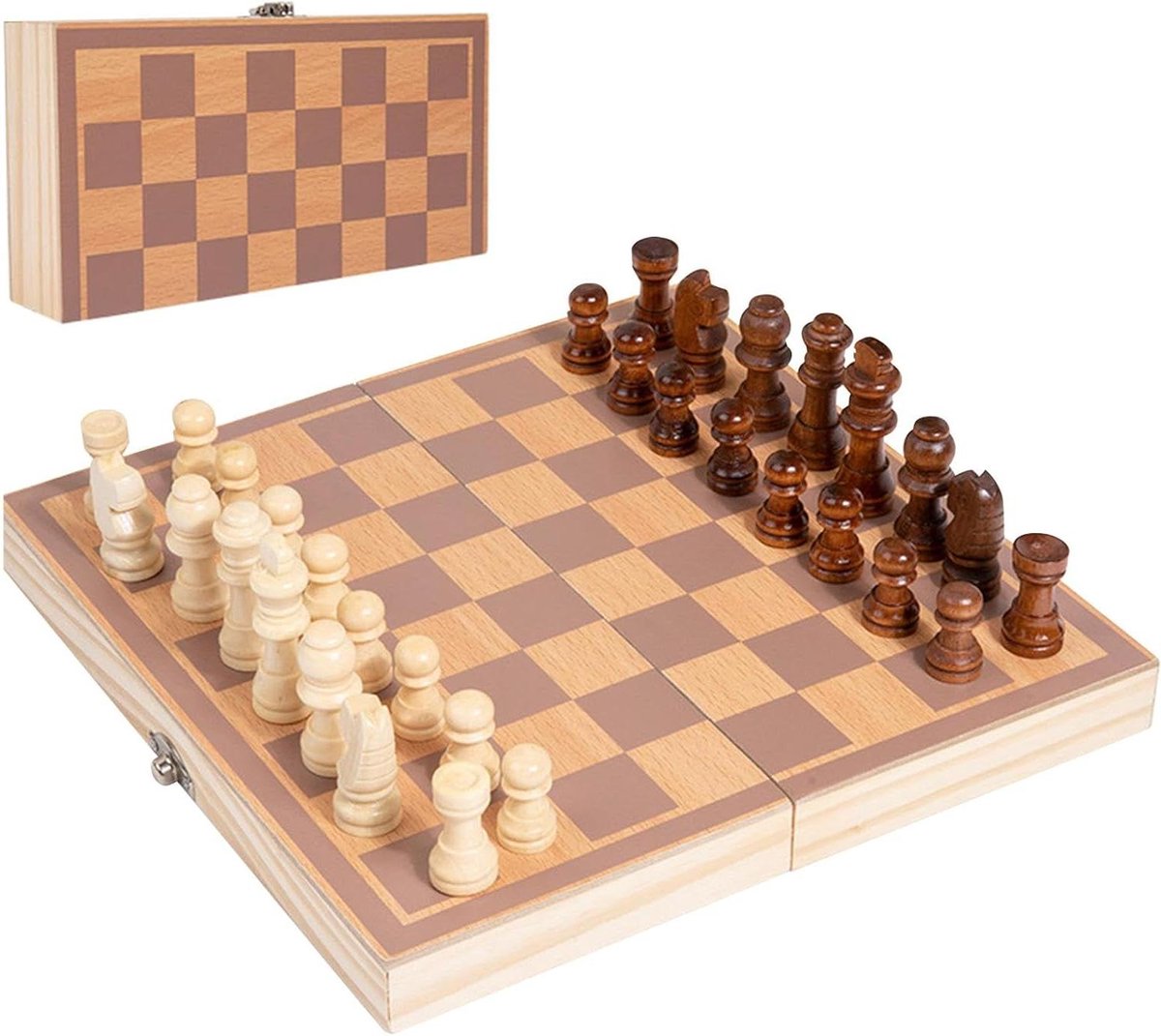 Schaakspel Opvouwbaar - Reis schaakbord - Hersenen Trainen - Magnetische Stukken - 24x24cm - Houtkleur