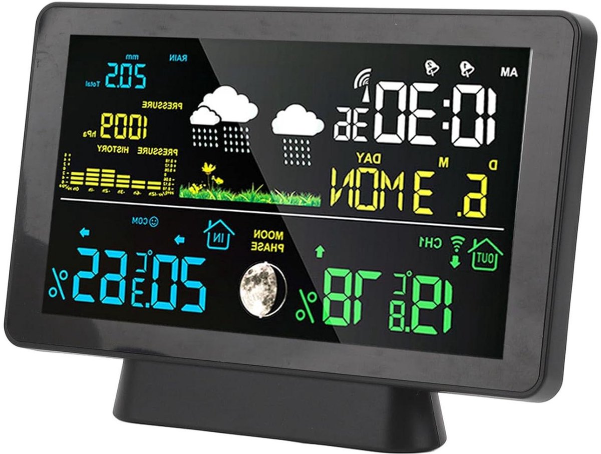 Weerstation met Kleurendisplay - Weerklok Digitale Klok - Weersvoorspelling Thuis - Inclusief Regenmeter - 75 inch Display - Zwart