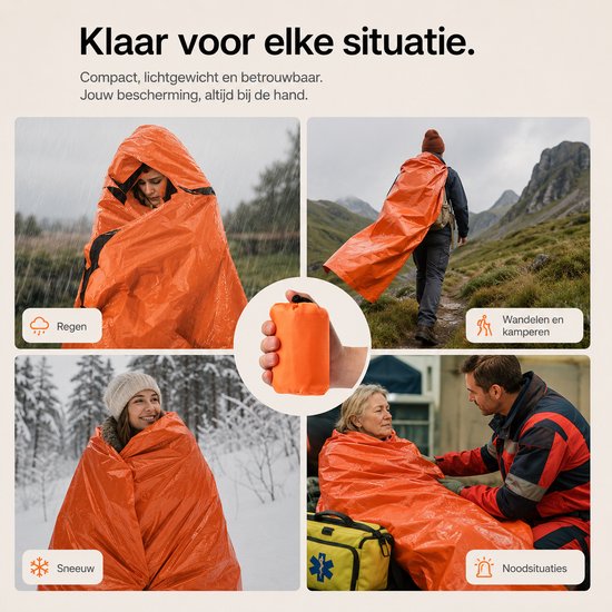 Collage van een oranje nooddeken in verschillende situaties: regen, wandelen, sneeuw en noodsituaties.
