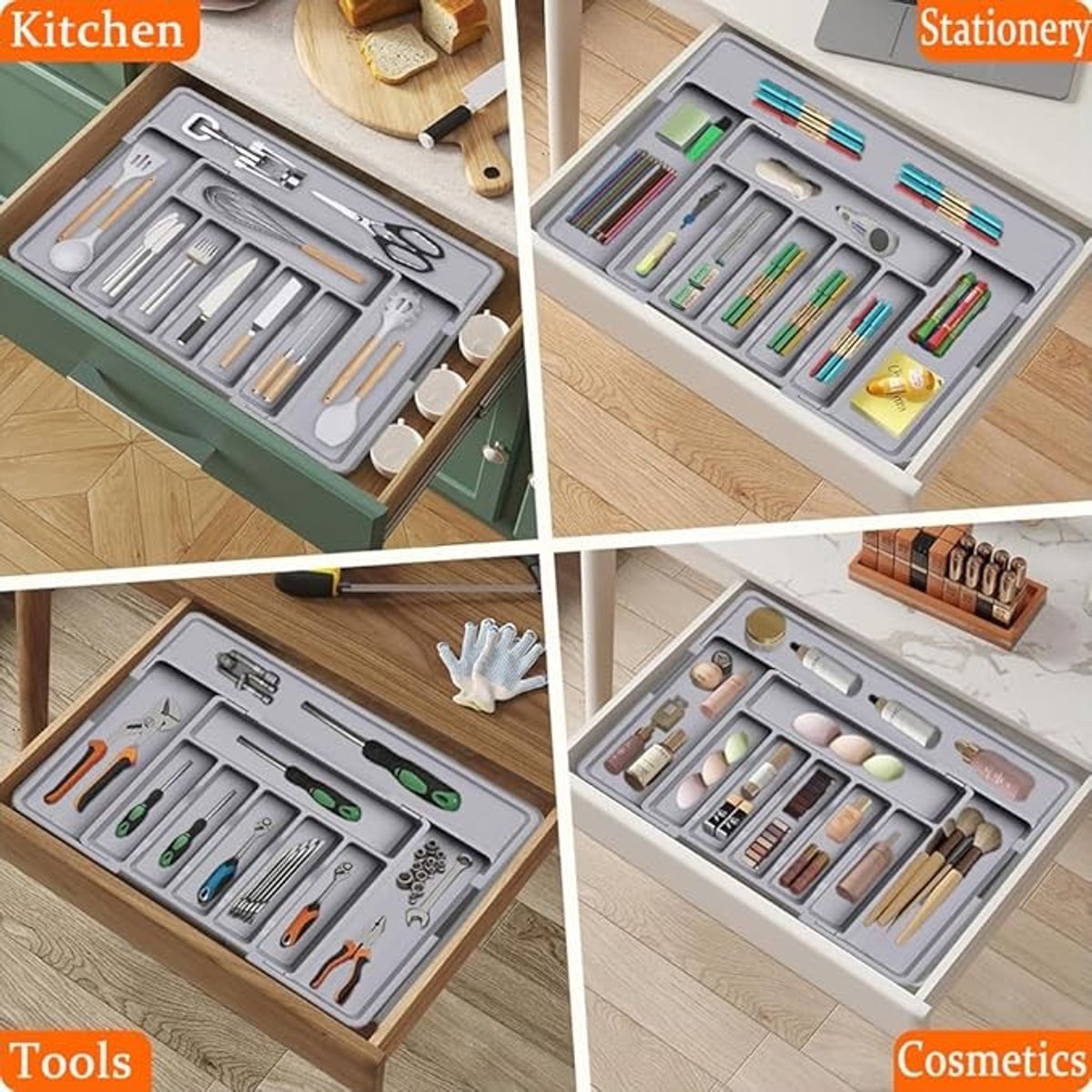 Uittrekbare bestekbak voor keukenlade - compact kunststof (grijs)