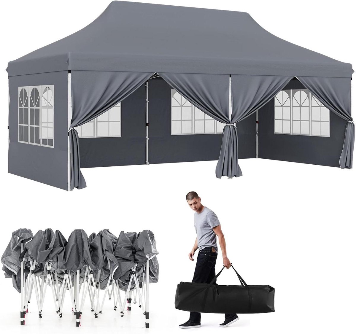Vouwpaviljoen met Zijwanden - Partytent Pop-up - Feestelijke Bijeenkomsten - Waterdicht en Stabiel - 3 x 6 meter - Grijs