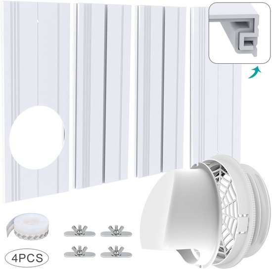 Airco raamventilatiekit 13-15 cm afvoerslang, schuifraam 43-140 cm, PVC panelen, koppeling, afdichting