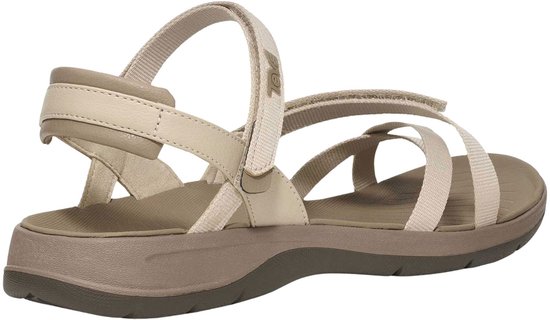 Achterzijaanzicht van een beige Teva sandaal met taupe zool.