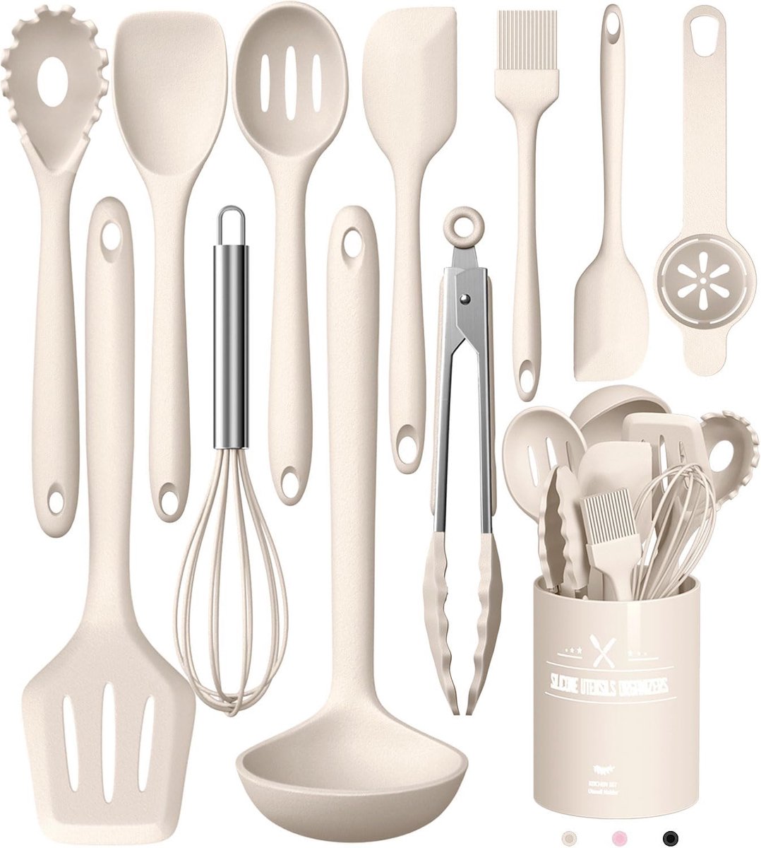 MODENUIT Keukengerei Set – 12 Delig – 33 x 12 x 12 cm – Siliconen – Zwart en Kaki – Voor Koken en Bakken