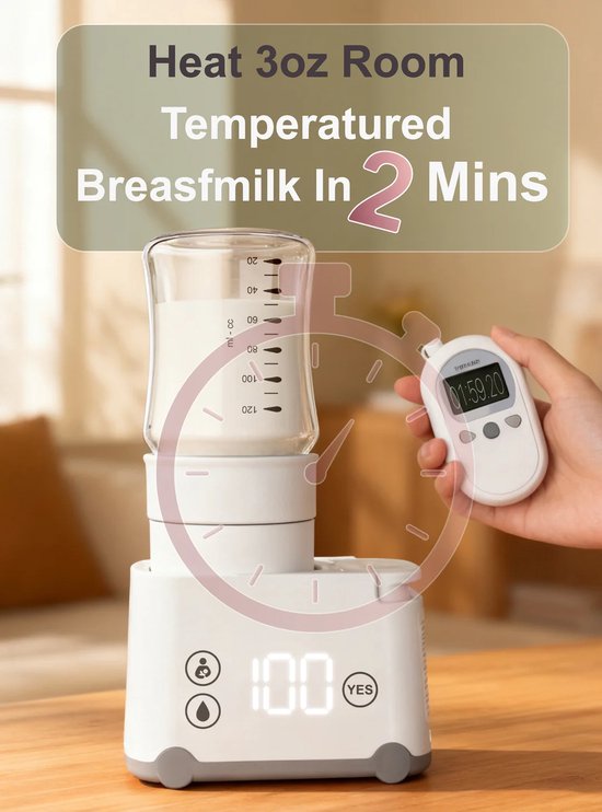Een witte flesverwarmer met een glazen fles melk erop. Een hand houdt een timer vast. Cirkel met timer symbool en '2 Mins' op de achtergrond. Tekst: 'Heat 3oz Room Temptered Breastmilk In 2 Mins'.