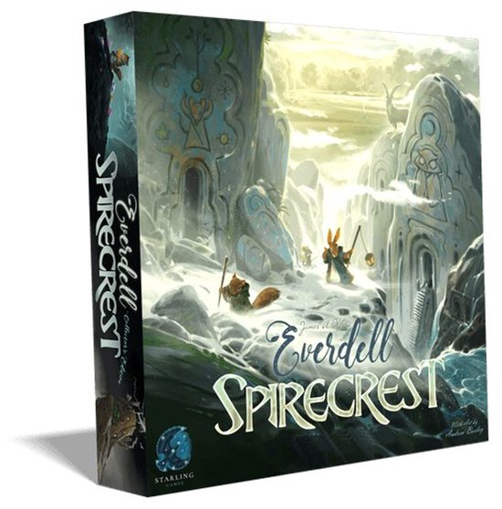 Doos van het Everdell: Spirecrest bordspel met een winterse afbeelding van wezens op een berg.