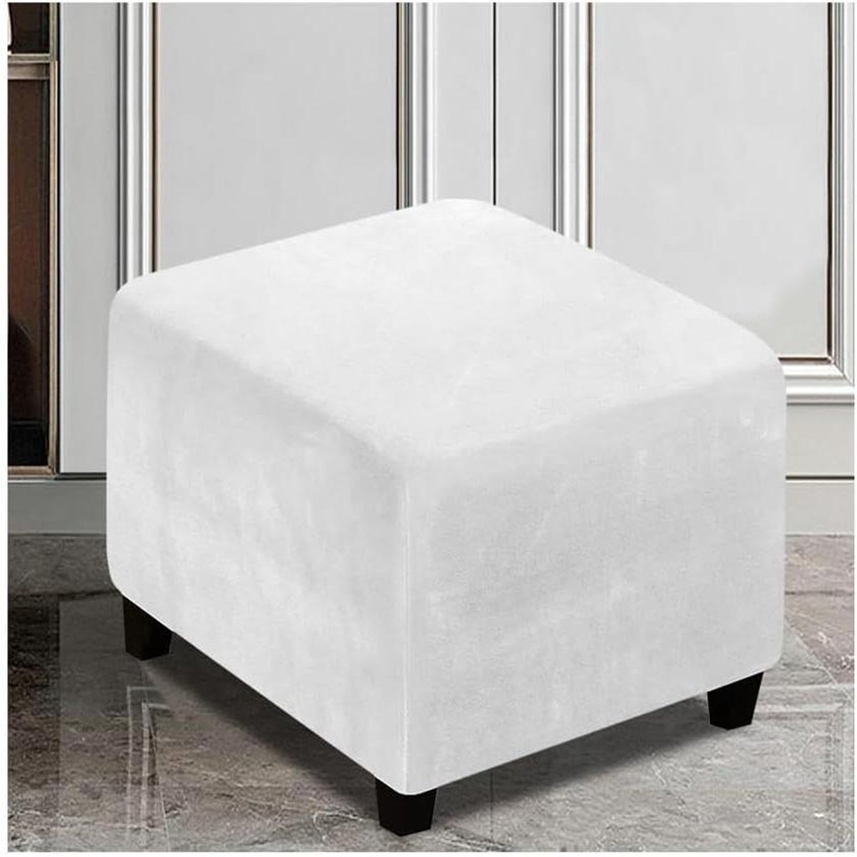 Voetenbankhoes Vierkant - Poefhoes Zacht - Meubels Beschermen - Elastisch Fluweel - L/W 52-58 cm - Wit