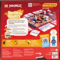 Achterkant van het LEGO Ninjago Destiny's Bounty Adventures bordspel met afbeelding van het speelbord en minifiguren. Bevat exclusieve Nya-minifiguur.
