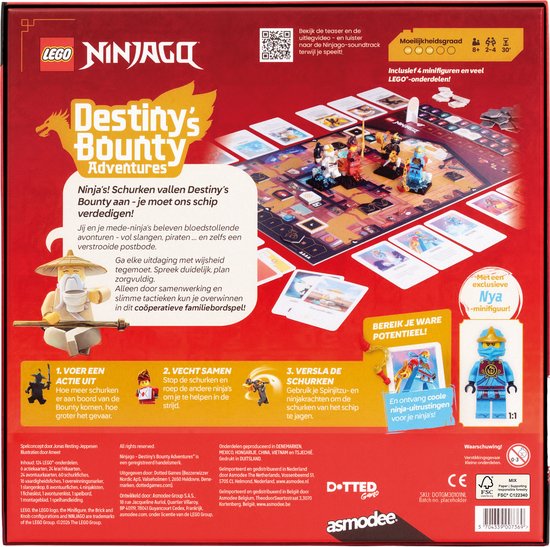 Achterkant van het LEGO Ninjago Destiny's Bounty Adventures bordspel met afbeelding van het speelbord en minifiguren. Bevat exclusieve Nya-minifiguur.