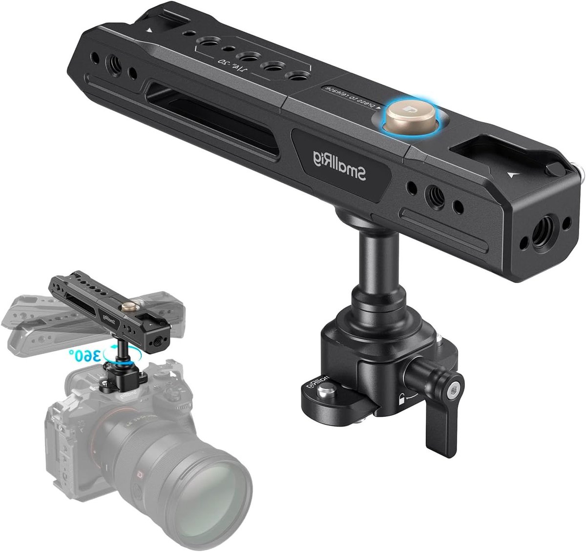 Lichtgewicht Top Handle met NATO Klem voor Camera Cage, 360° Rotatie, Maximaal 15kg Draagvermogen, Inclusief Koud Schoen Bevestiging