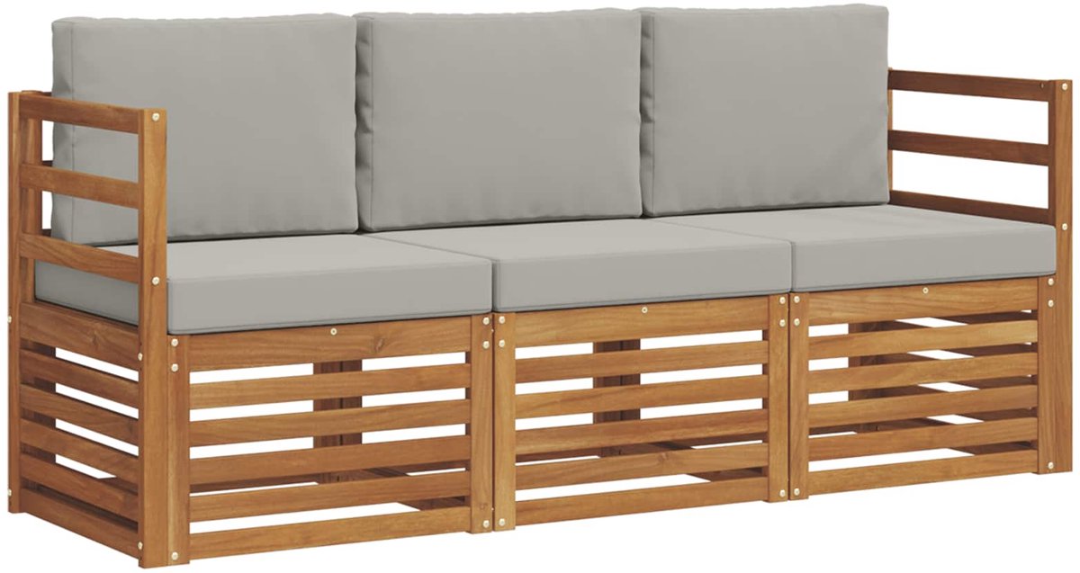 vidaXL Sofa-Sets - 3 - st - Natuurlijk - en - Licht - Grijs - Massief - Acacia - Hout Naturel en lichtgrijs