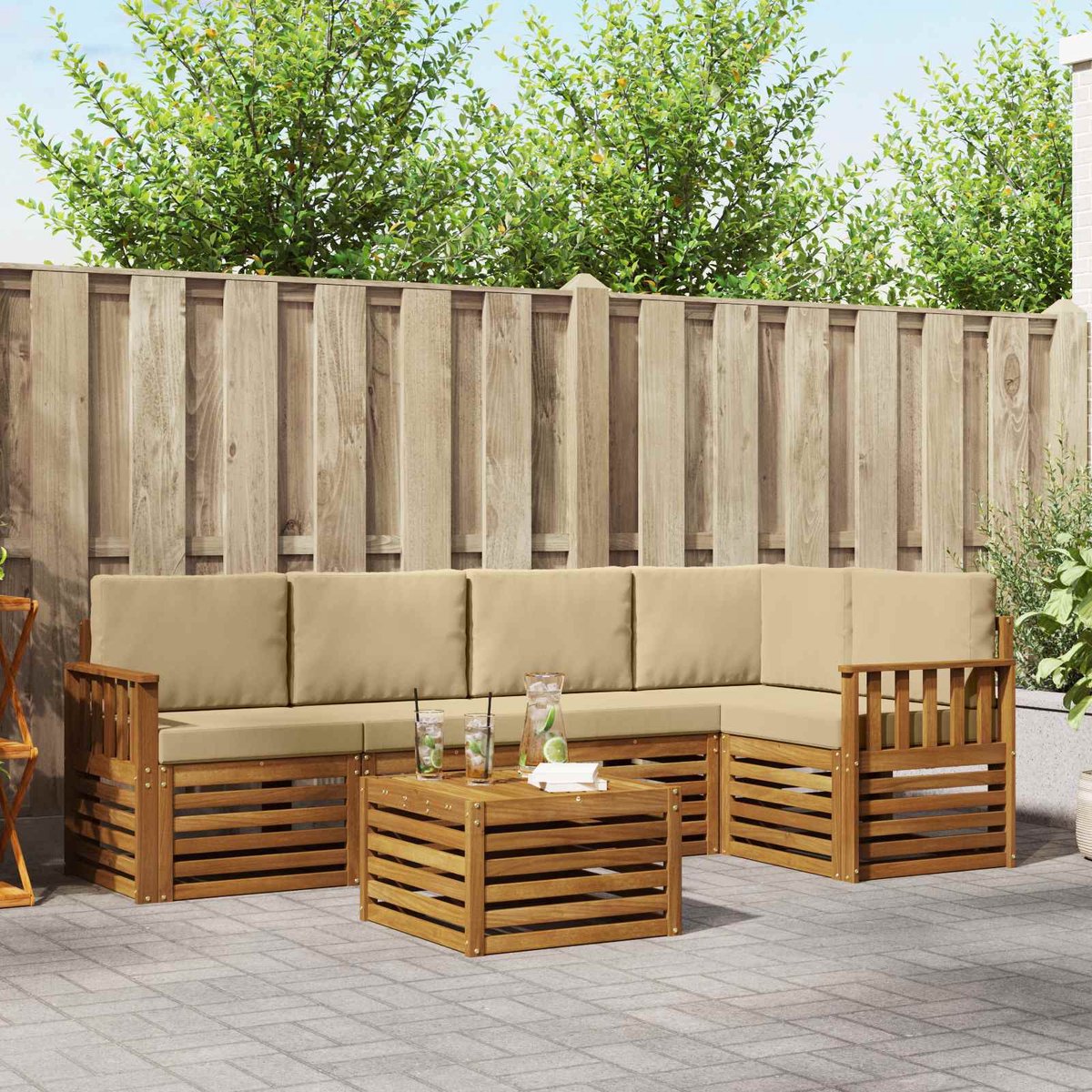 vidaXL Buiten - bank - set - 6 - st - 5-zits - Natuurlijk - en - Beige Natuurlijk en Beige