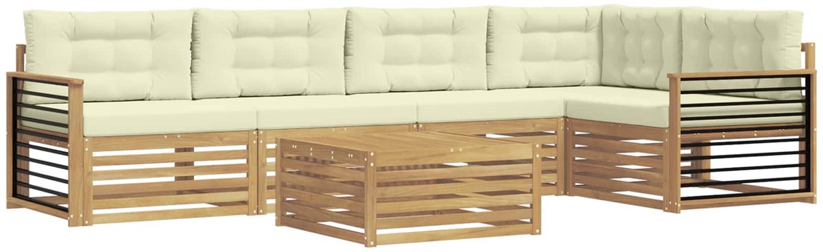 vidaXL Buiten - bank - set - 6 - st - 5-zits - Wit - en - crèmekleurig - Polyester Wit en crèmekleurig