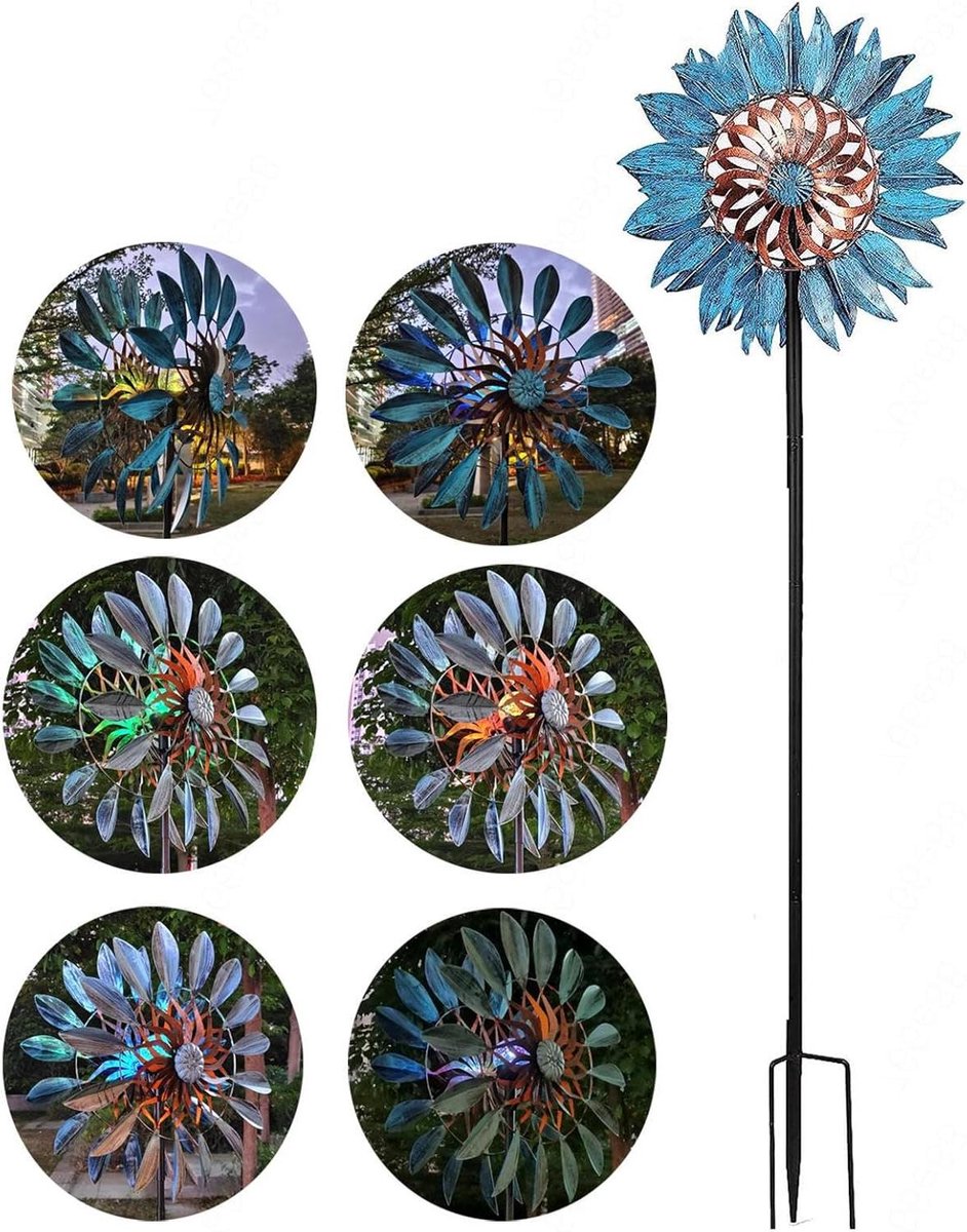 Windspinner Tuin - Windmolen Decoratie - Tuin Verlichten - Dubbele Rotor - 84 Inch Hoog - Blauw Brons