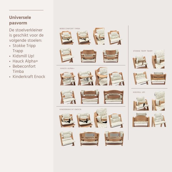 Zitverkleiner met bloemenpatroon in off-white met roze en groene bloemen, passend op diverse kinderstoelen.
