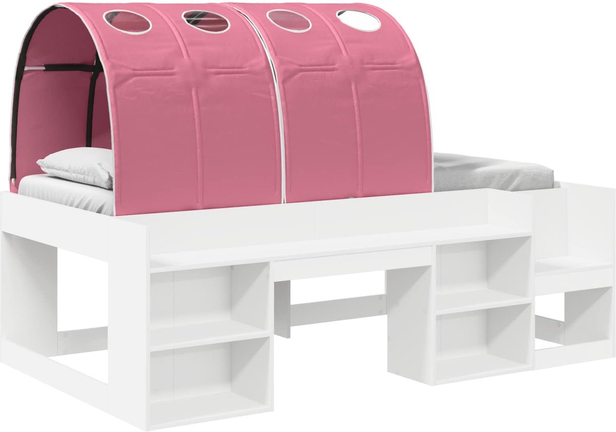 vidaXL Bed - met - Tunnel - met - plank - 3 - st - Wit - en - Roze - Bewerkt - hout Wit en roze