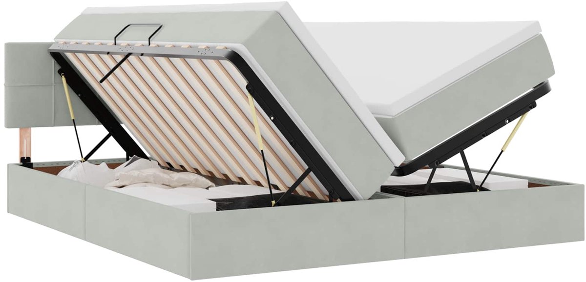 vidaXL LED - opbergbed - met - matras - Lichtgrijs - 200 - x - 200 - cm - Fluweel
