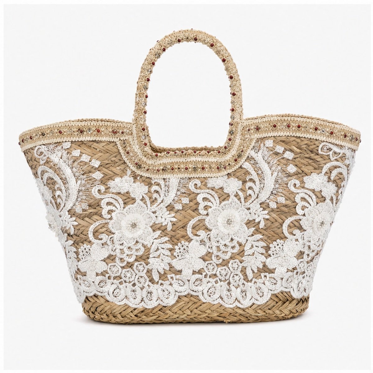 HS Grote Mand Handtas - Naturel Wit Paisley Borduursel