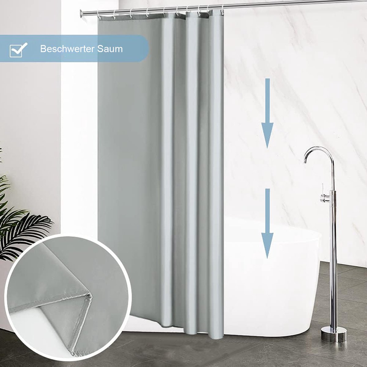 FloraGrace Douchegordijnen - Wasbaar Douchegordijn Met Ringen, Waterdicht En Anti-Schimmel Badkamergordijn, Strak Effen Design, Polyester, Lichtgrijs, 100x200 cm