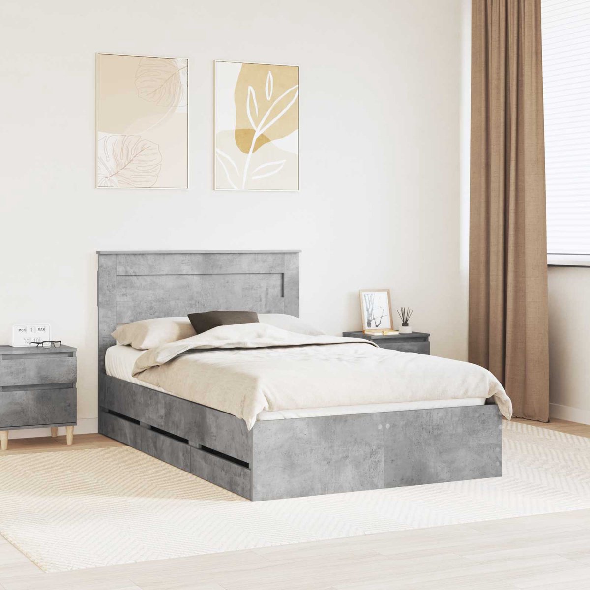 vidaXL Bedframe - met - lade - Beton - Grijs - 135 - x - 190 - cm - Ingenieurshout Beton grijs