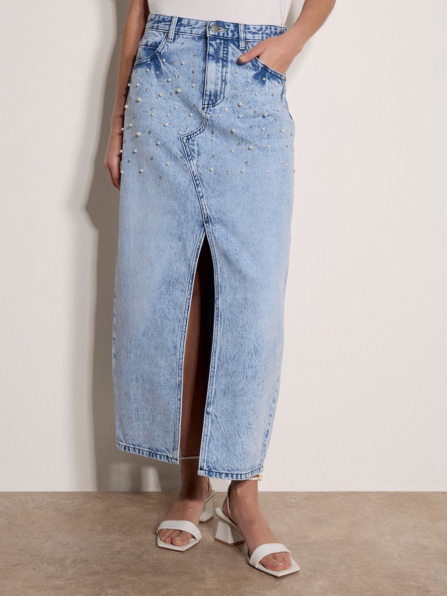 Denim midirok met parelversiering van Amara