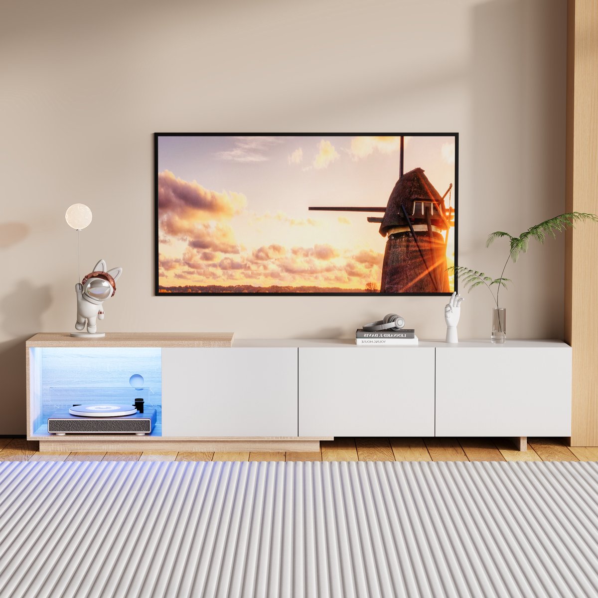 TV-meubel met LED-verlichting, laag tv-meubel voor tv's tot 65 inch, tv-standaard met 3 lades, uitschuifbaar van 163 tot 240 cm, voor de woonkamer, wit