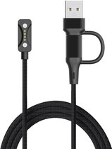Zwarte gevlochten oplaadkabel met USB-A connector en magnetische connector voor smartwatches.