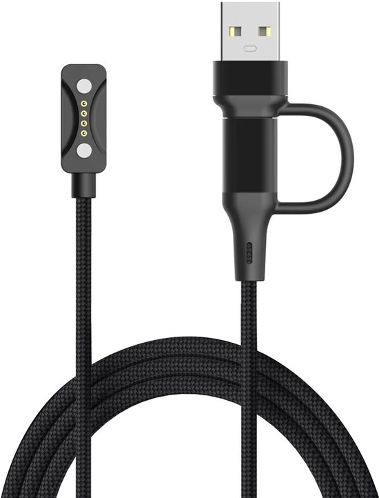 Chargeur tressé 2-en-1 Strap-it compatible avec Polar Ignite 3 / Vantage M3 / Vantage V3 / Pacer - Connectivité USB-A et USB-C - Noir