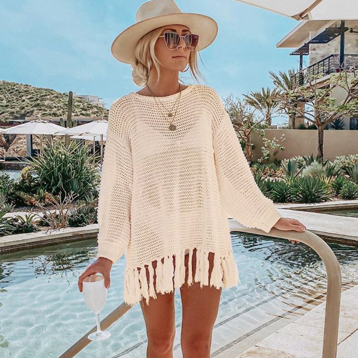 Killogood Gebreid Strandjurkje - Bikini cover up - Zonwerende kleding - vakantiejurk - Voor strand - vakantie - One Size - Abrikoos