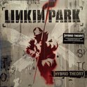 Albumcover met Linkin Park logo, een figuur met een vlag en insectenvleugels. Inclusief de tekst "Hybrid Theory".