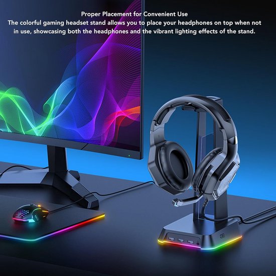 Hoofdtelefoonstandaard - Headset Houder - Gaming Setup - RGB Verlichting - 3 USB Poorten - Zwart — afbeelding 2