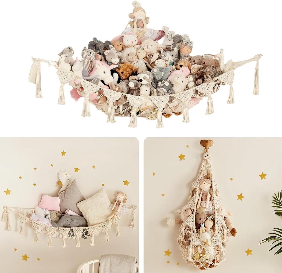 Hangmat Speelgoednet - Opberger Knuffels - Kinderkamer Organiseren - Handgevlochten Macramé - 142 x 106 cm - Beige