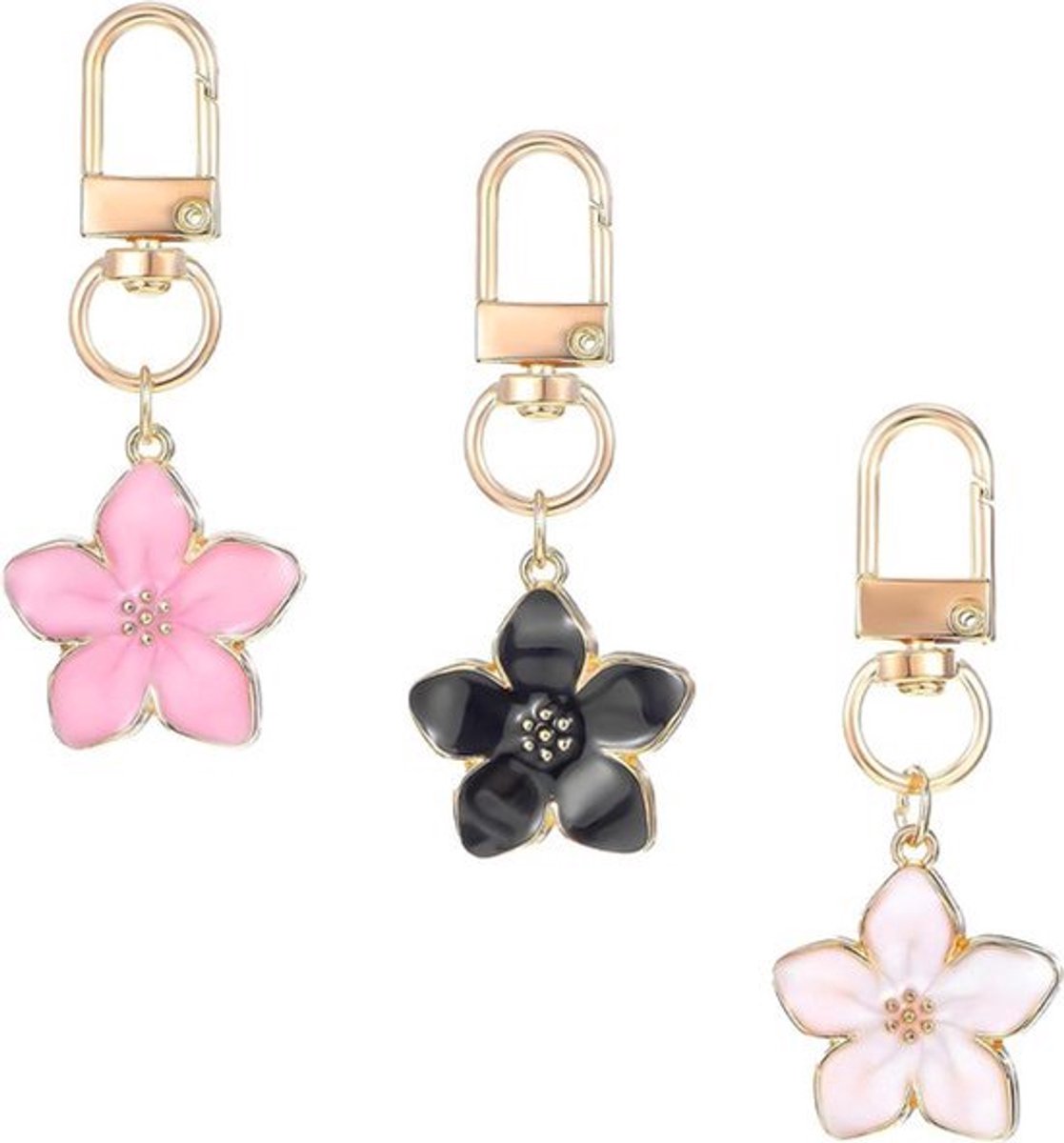3 stuks esthetische schattige bloemen sleutelhangers - roze wit en zwart wit