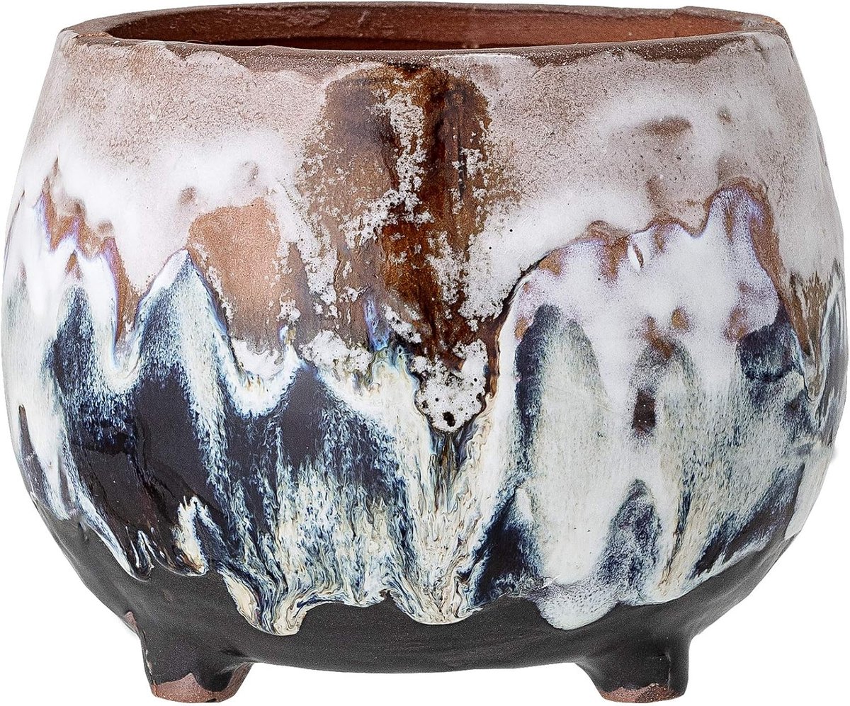 Famanu – Decoratieve terracotta bloempot in bruin-blauwe kleur, 14 x 11 cm, ideaal voor kleinere planten en kruiden, voor binnengebruik