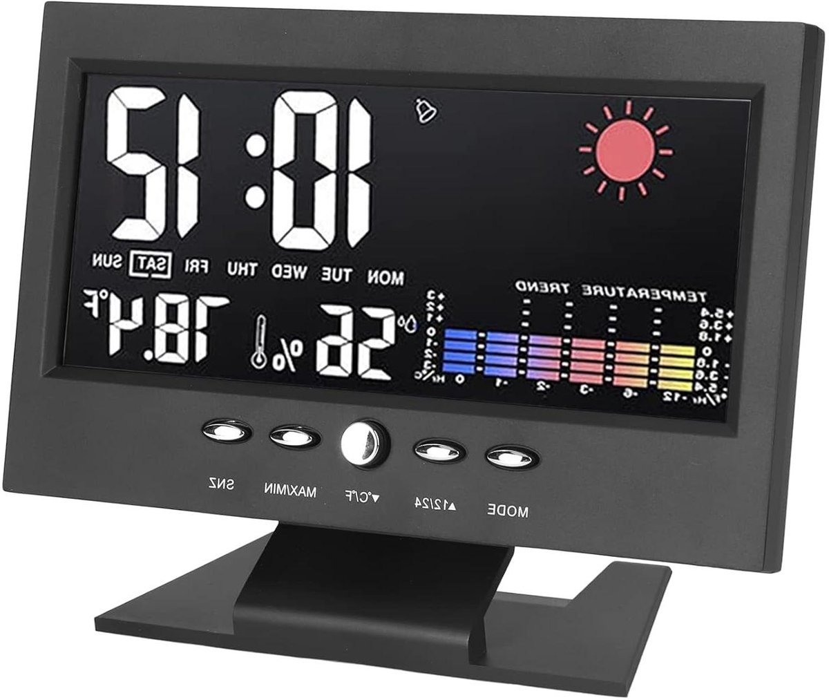 Weerstation met Kleurenscherm - Buitenthermometer Klok - Weersvoorspelling Thuis - Groot Kleurendisplay - 147x90x25mm - Zwart