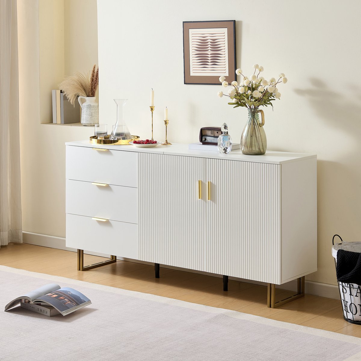 Clruro Sideboard 160 cm - 2 Deuren en 3 Lades met Aluminium Details en Stalen Poten - MDF Wit