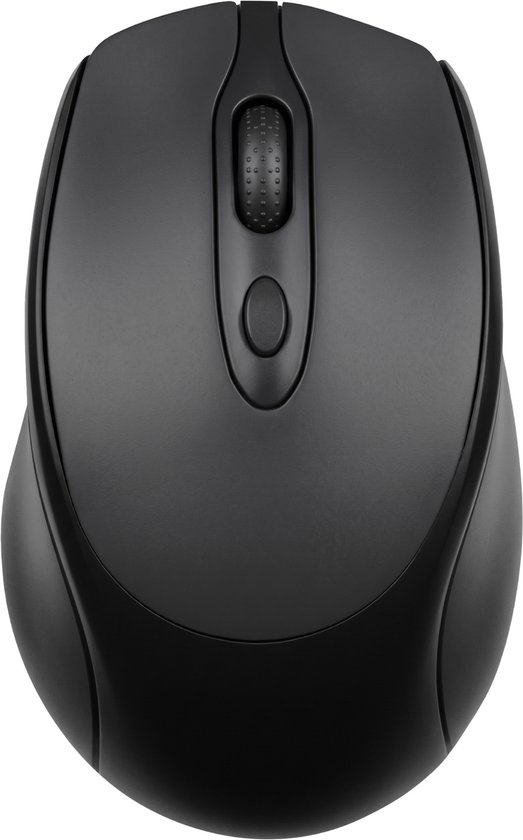 Zwarte draadloze muis met scrollwiel en twee knoppen.