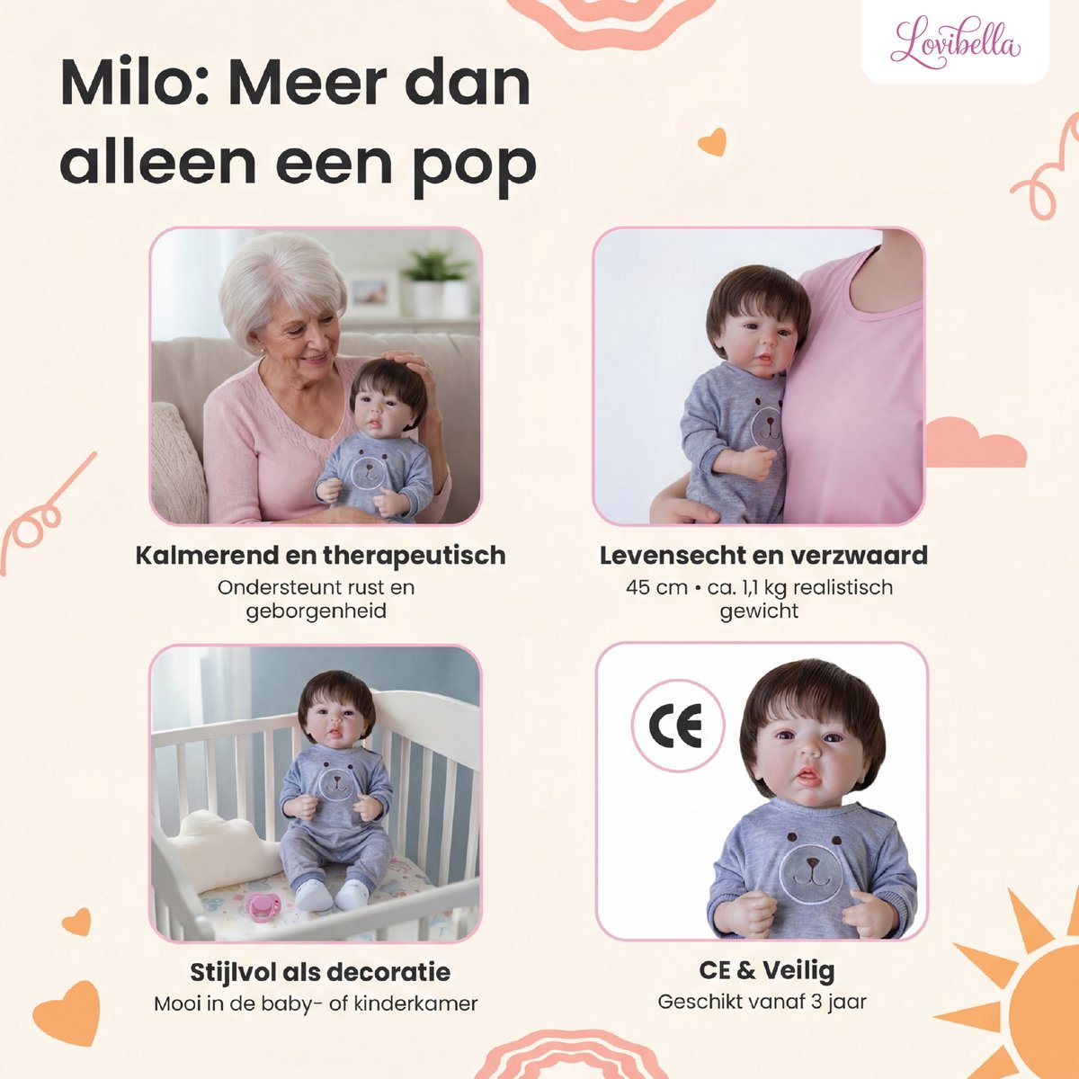 Lovibella® Milo Levensechte Babypoppen - 1,1 Kilo - 45 CM - Reborn Baby Pop - Met Accessoires - Reborn Baby - Reborn Baby Doll - Dementie Pop - Reborn Poppen Jonge — afbeelding 2