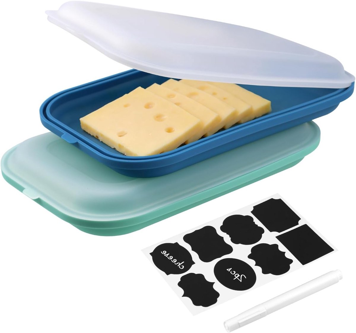 Set van 2 Stapelbare Silicone Vershoudcontainers met Deksel voor Kaas en Vleeswaren, Geschikt voor Vriezer, Magnetron en Vaatwasser (Blauw+Cyaan)