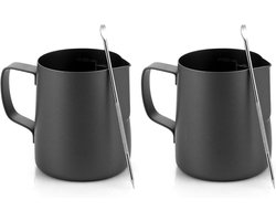 Melkkannetjes Roestvrij Staal - Opschuimkannen Set - Koffie Bereiden - Met Latte Art Pen - 2 Stuks 350 ml - Zwart