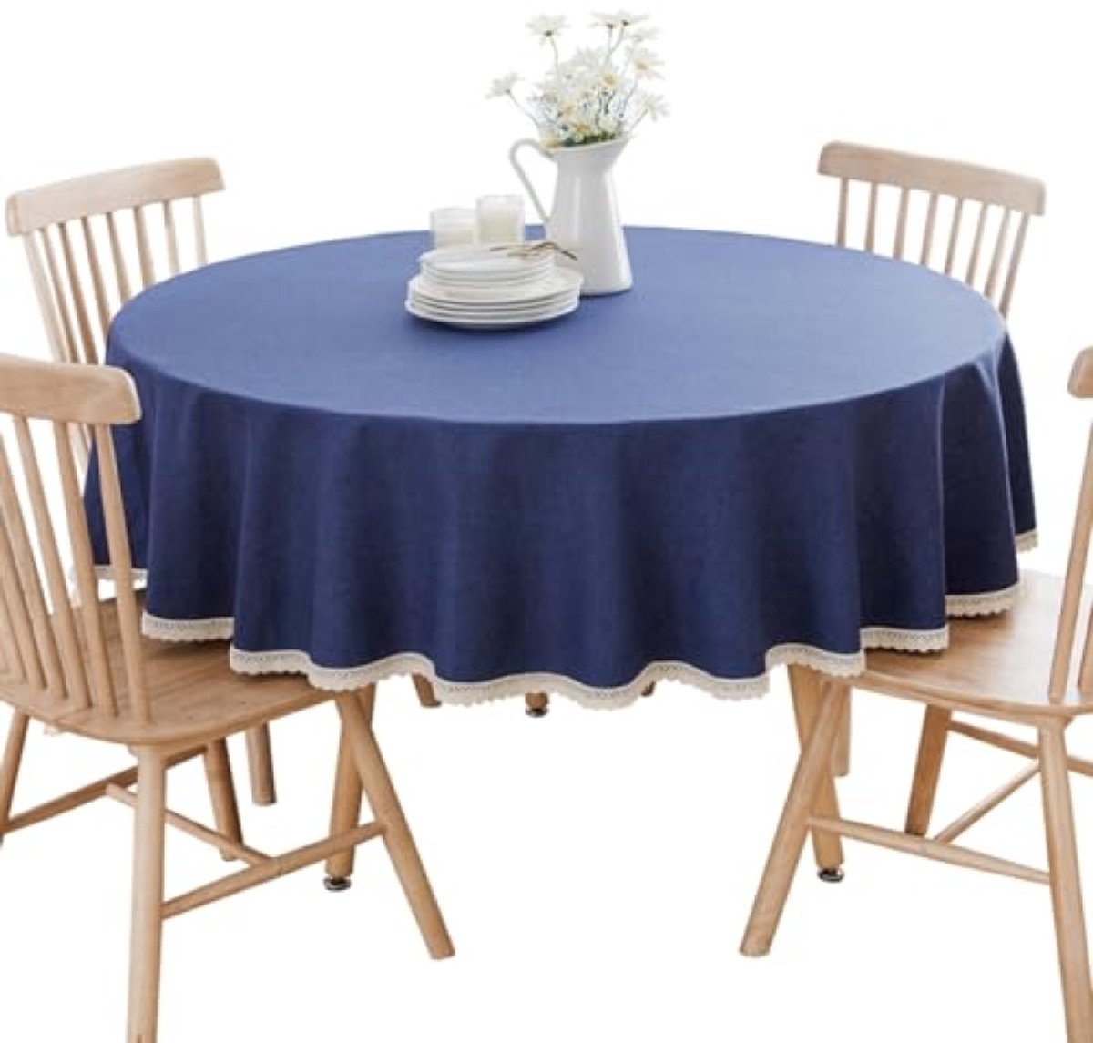 PromoHome Rond linnen-katoen Tafelkleed Donkerblauw Diameter 120 cm - Geschikt voor Eettafels en Koffietafels - Machinewasbaar