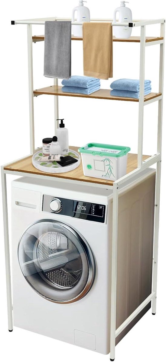 Opbergrek Wasmachine - Badkamer Organizer - Ruimte Besparen - Verstelbare Voetjes - 69 x 60 x 176.5 cm - Wit Hout